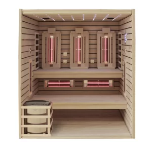Kombinierte Sauna JJSPA JCP200 mit Heizungen und eingeschalteter Beleuchtung, ohne Front.