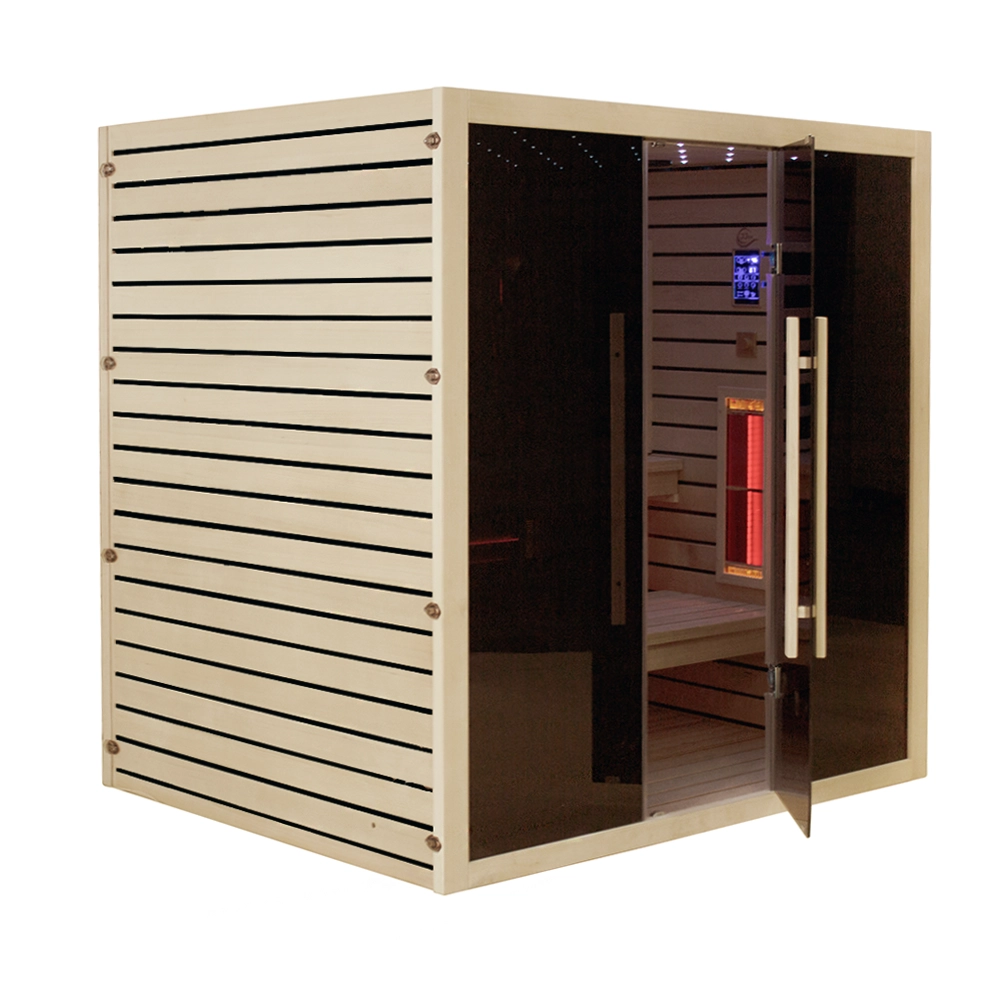 Kombinierte Sauna JJSPA JCP200 mit schwarzem Glas und offener Tür.