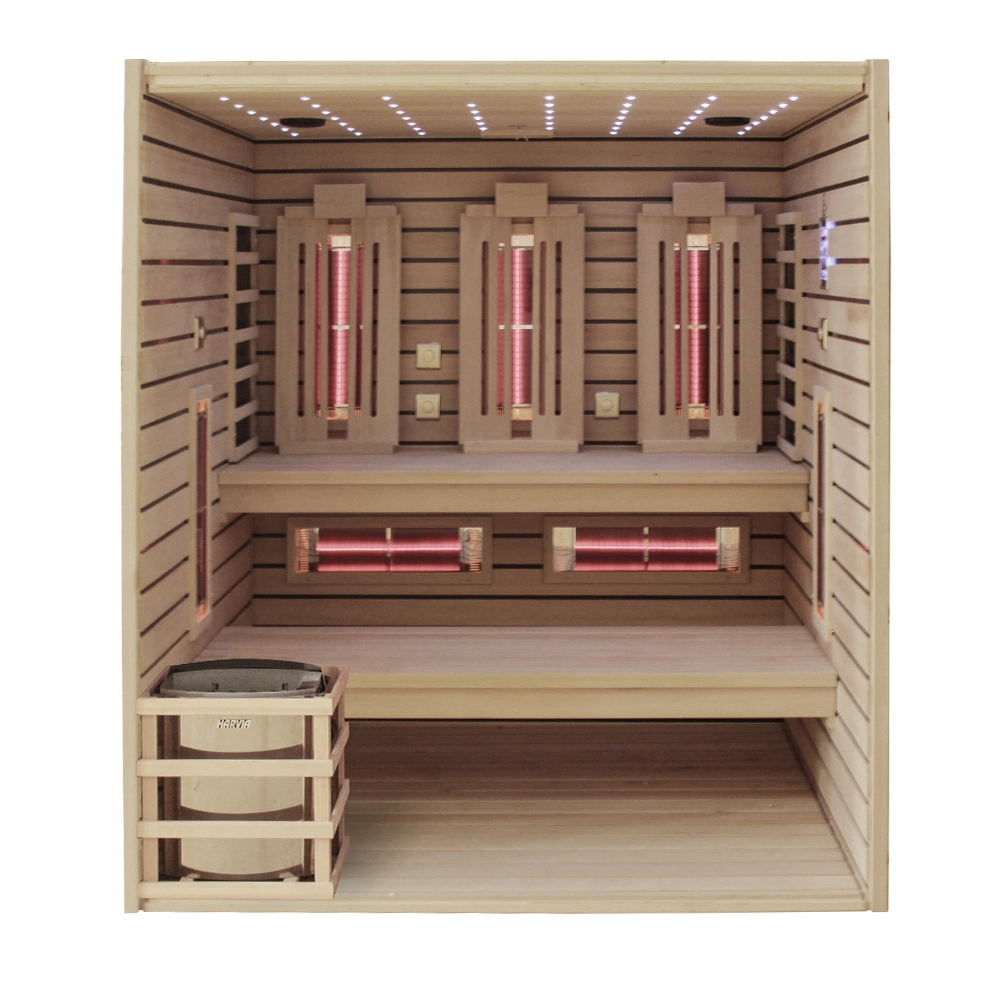 Kombinierte Sauna JJSPA JCP200 mit Heizungen und eingeschalteter Beleuchtung, ohne Front.
