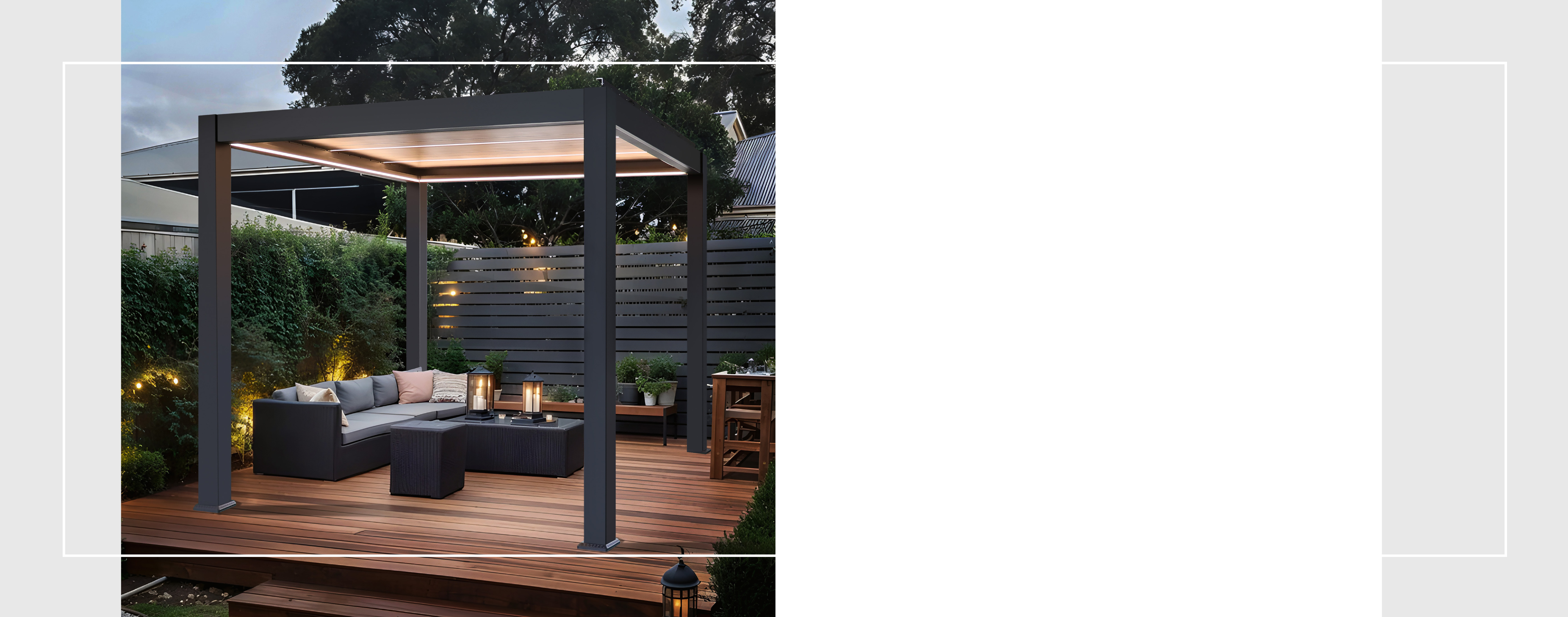 Aluminijasta pergola na leseni terasi z ambientalno osvetlitvijo