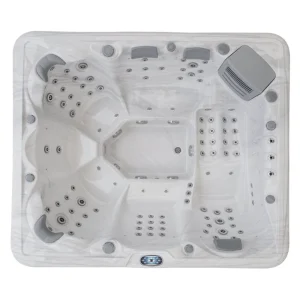 JJSPA Beta 616 Whirlpool mit 6 Sitzplätzen und 1 Liegeplatz, Weißmarmor-Acryl, Draufsicht.