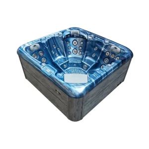 JJSPA Gamma 323 Whirlpool mit blauem Oceanwave-Acryl und Massagedüsen, Draufsicht.