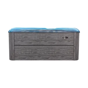 JJSPA Gamma 323 Whirlpool mit grauer Holzverkleidung und blauem Oceanwave-Acryl, Seitenansicht.