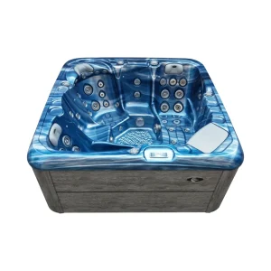 JJSPA Gamma 323 Whirlpool, blaues Oceanwave-Acryl und graue Verkleidung.
