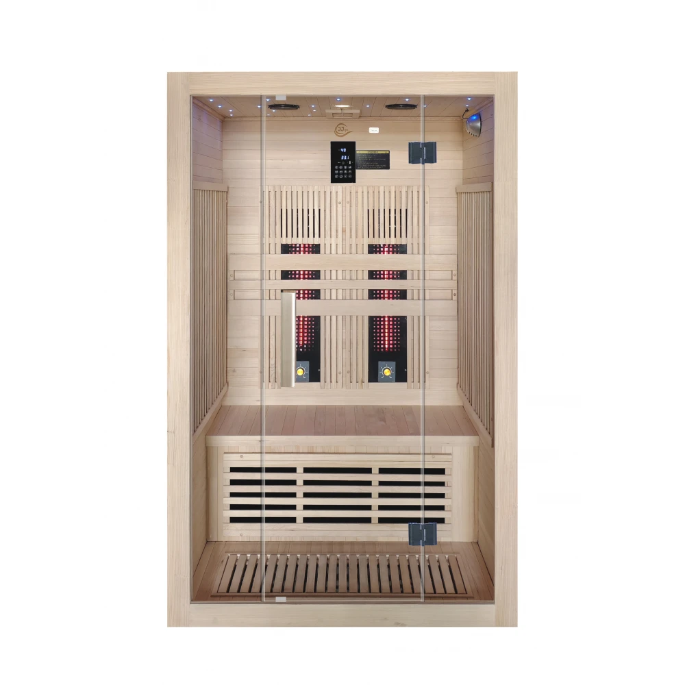 Infrarotkabine JJSPA JI120A mit Glastür, Holzbank und Infrarotstrahlern – Vorderansicht.