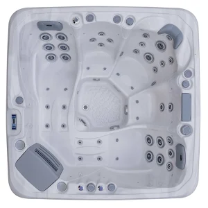 JJSPA Beta 523 Whirlpool mit weißem Marmor-Acryl, Layout Draufsicht.