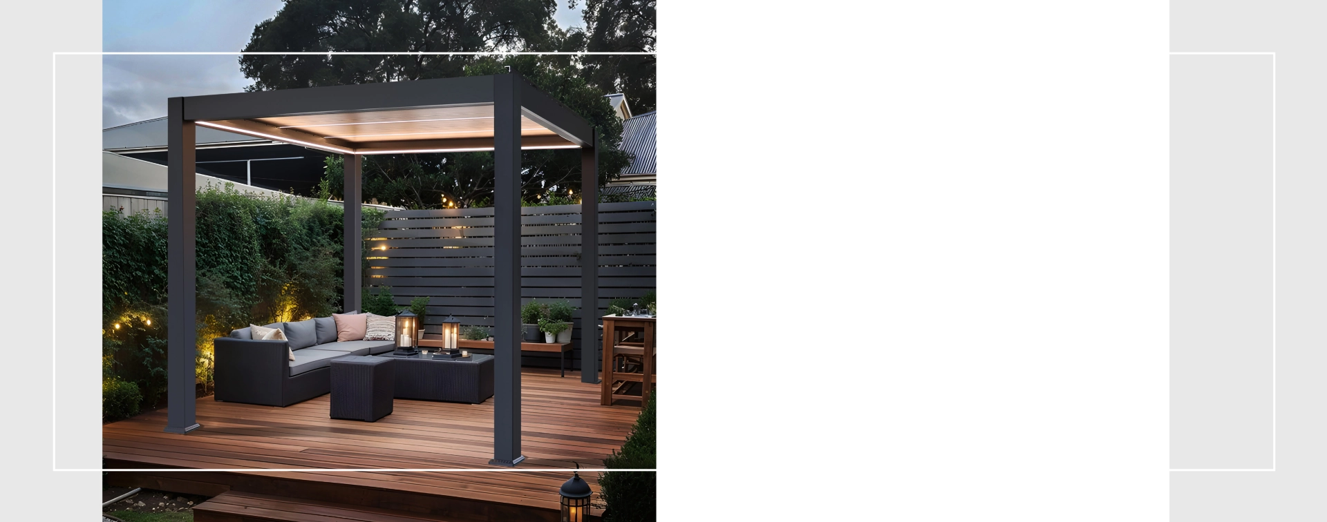 Aluminium-Pergola auf einer Holzterrasse mit Ambientebeleuchtung.